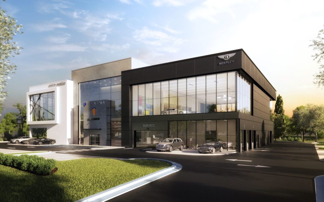 rendering of luxury car dealership in Ashburn, VA that will house Aston Martin, Bentley, Karma and Koenigsegg