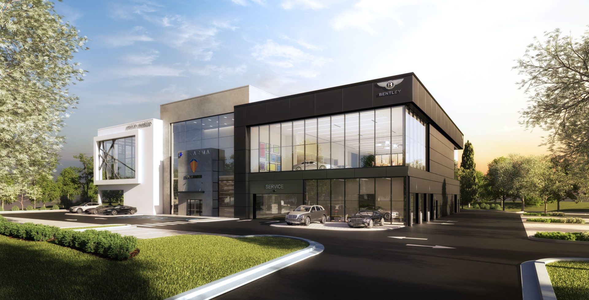 rendering of luxury car dealership in Ashburn, VA that will house Aston Martin, Bentley, Karma and Koenigsegg
