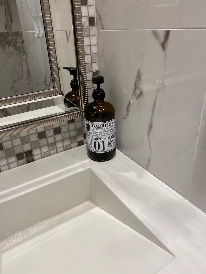 Boutique hand soap in car dealership bathroom