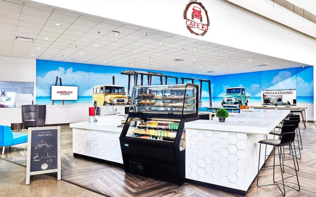 Putting a cafe in your dealership is easier that you think. Bright, modern Toyota Landcruiser themed cafe at Panama City Toyota
