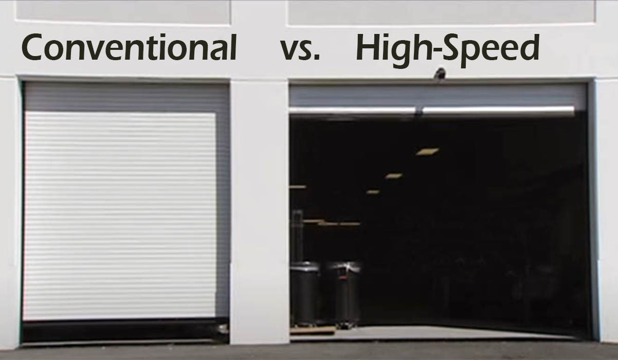 Two roll up garage doors side by side.  One is a standard door the other is a High speed door