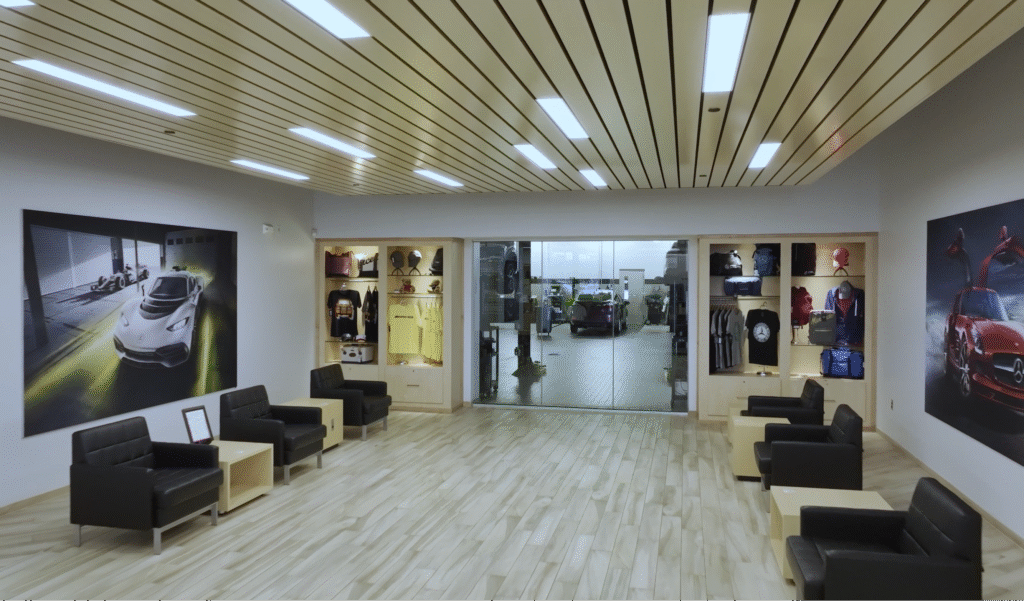 Big windows in the dealership customer waiting area looking into the workshop. The four main flooring options for your service drive, workshop and detail bays